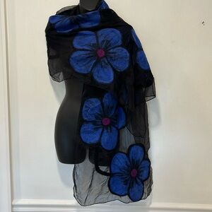 Pomegranate MOON Wrap/Shawl Black/Blue Floral with Beads